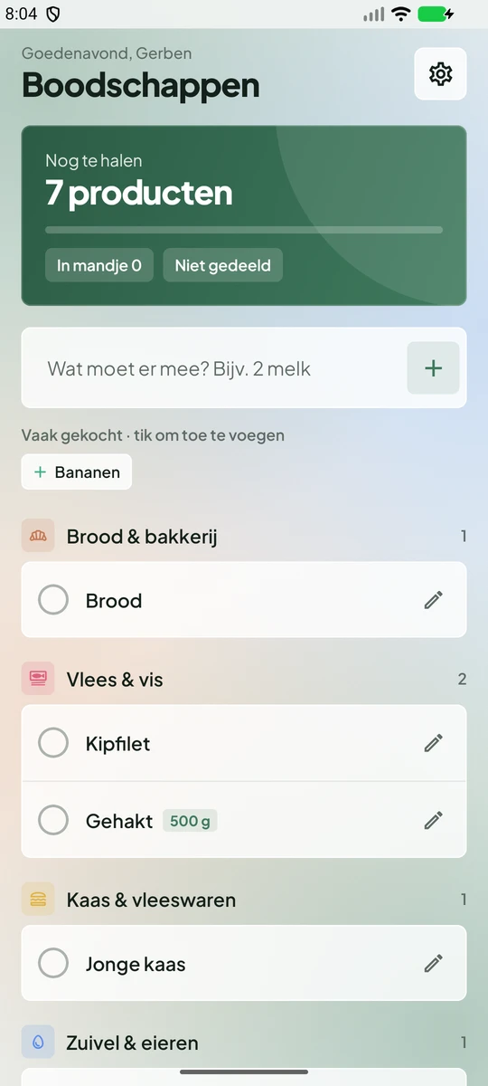 Boodschappen: A grocery list, grouped by category.