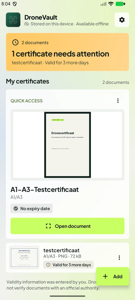 DroneVault: Drone certificates, offline on your phone.