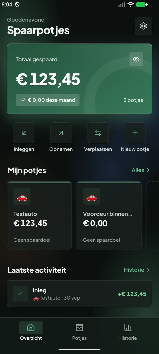 Spaarpotjes: Savings split into virtual pots, no bank link.