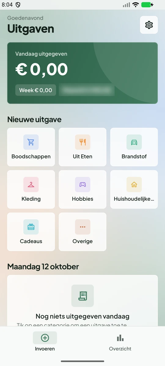Uitgaventracker: Log spending in two taps, per category.