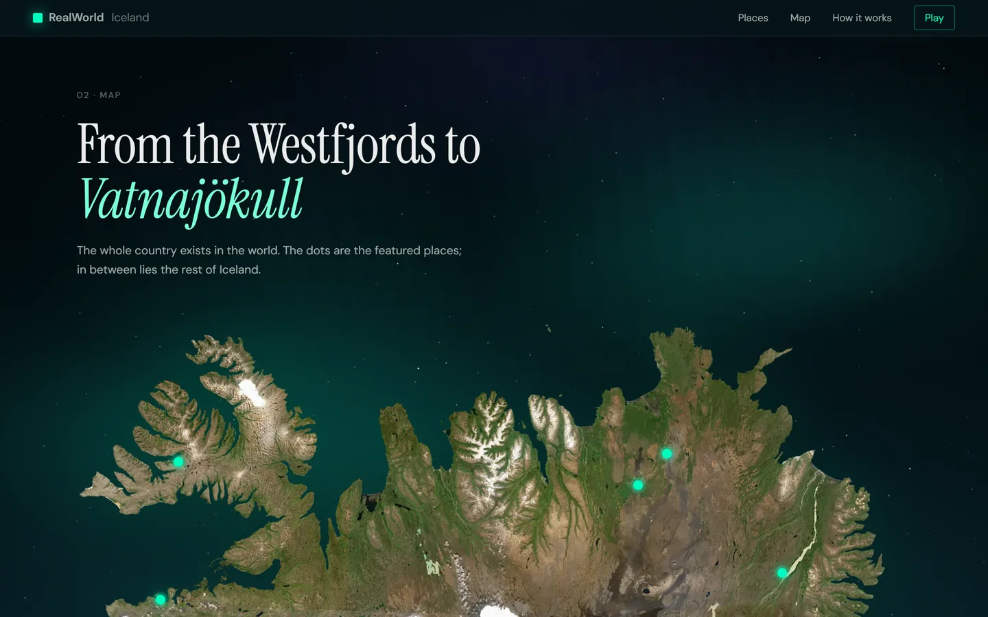 Satellite map of all of Iceland with the featured places
