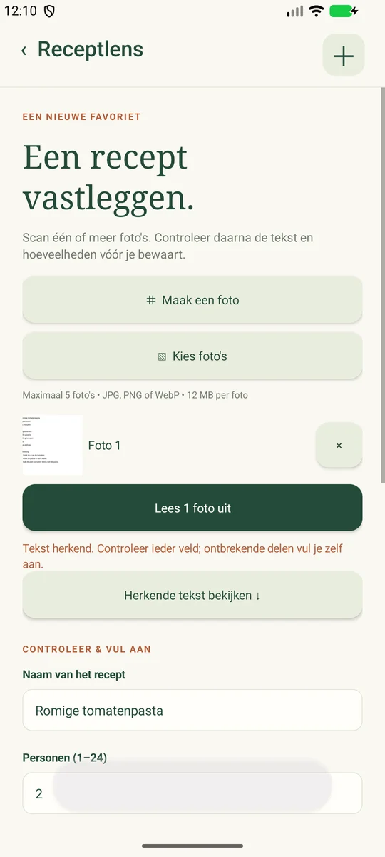 Native Android correction form after local OCR of a recipe photo