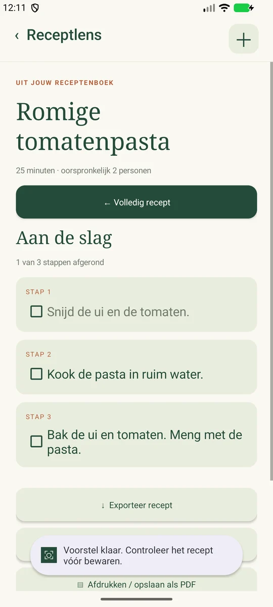 Native Android cooking mode with large steps and progress checkboxes