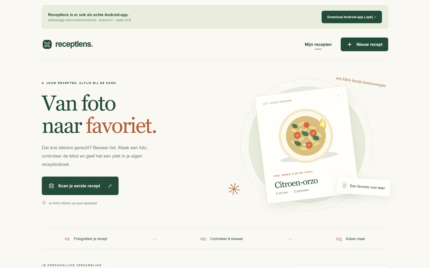 Receptlens companion website with the Android download and separate web app