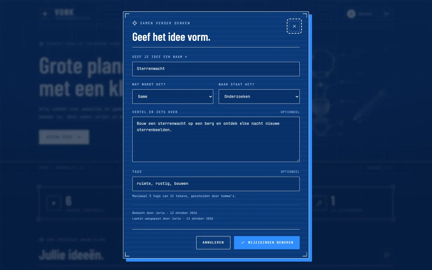 Editing an idea: type, status, description and tags